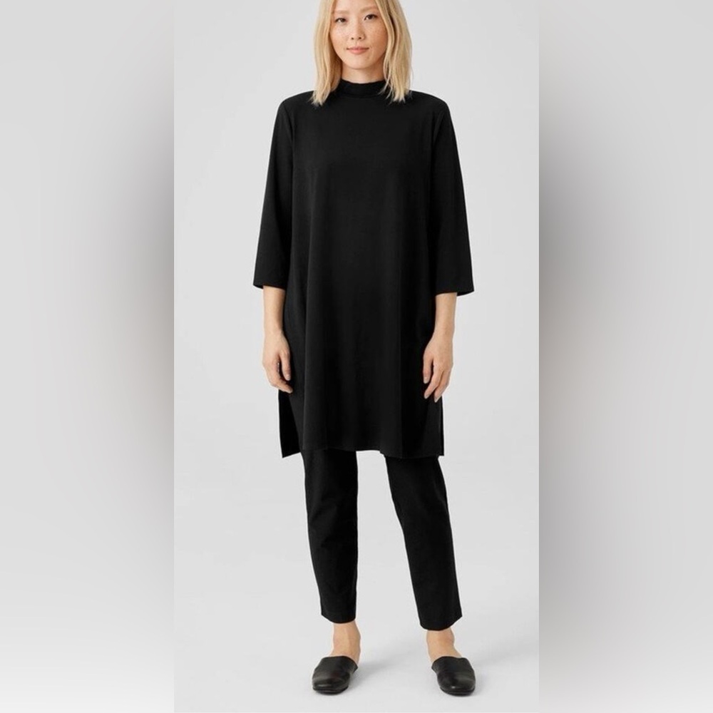 Eileen Fisher NWT Stretch Jersey Knit Mock Neck Tunic Top Black 3/4 Sleeve S